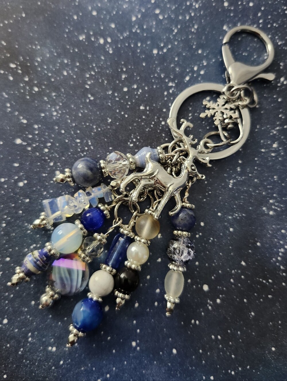 Reindeer And Snowflake Purse Charm  Sodalite Obsidian Opal Handcrafted